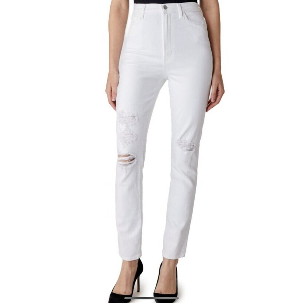 J Brand 1212 Runway Super High-Rise Slim Straight In White Destruct Size 30 NWT